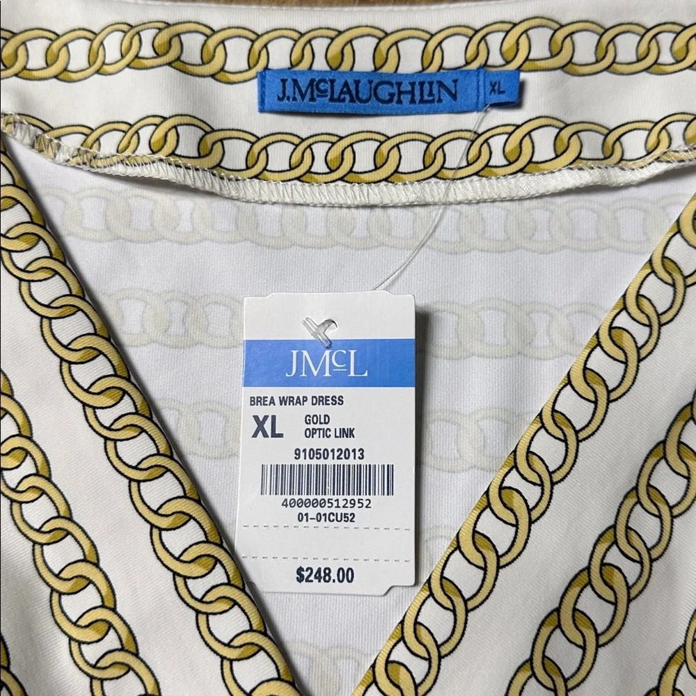 J. McLaughlin nwt Brea wrap gold optic link chain print white stretchy dress - Picture 7 of 9